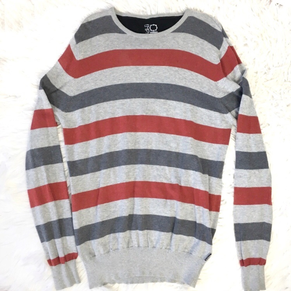 EMPYRE SKATE BRAND STRIPED CREW NECK LIGHT KNIT SWEATER MEDIUM GRAY RED STREET